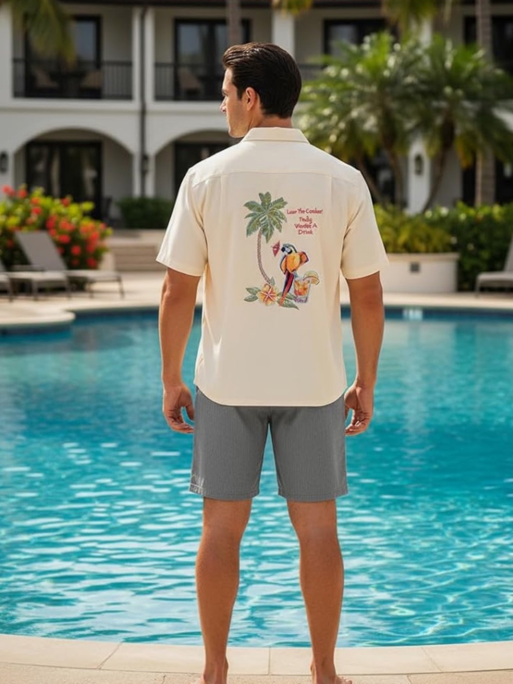 Weekender Ivory Polly's Drink Parrot Embroidered Short Sleeve Button Down - M
